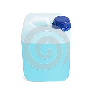 Can with non-freezing liquid, isolated on white. Blue antifreeze liquid for car in canister. Plastic bottle or gallon of