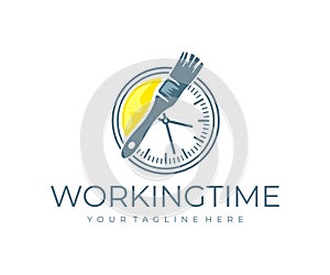 Can with paint and brush, clock with arrows, work and working time, logo design. Construction, painter, artist, build, contractor,