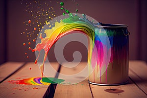 a can of rainbow paint sitting on a table with several different colors spilling out.