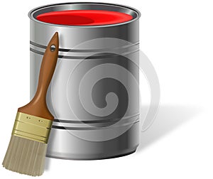 Can with red paint and leant paintbrush