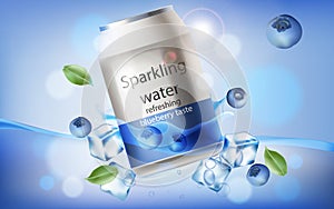 Can of refreshing sparkling water with blueberry taste submerged in water with ice cubes, mint leaves and berries