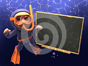 Can the scuba diver teach you something under the sea at his chalkboard? 3d illustration