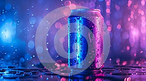 can of soda with drops on neon background