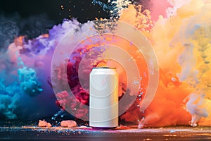 A can of soda is sitting in the middle of a colorful explosion of smoke, Generative AI