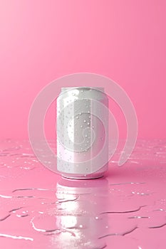 A can of soda is sitting on a pink surface with water droplets on it