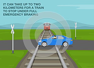 It can take up to two kilometres for a train to stop under full emergency braking. Passing the railway tracks in front of train.