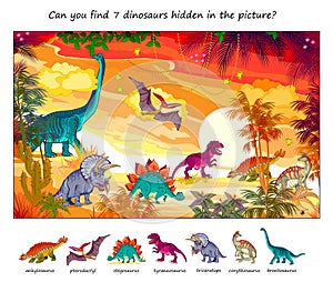 Can you find 7 dinosaurs hidden in the picture? Logic puzzle game for children and adults. Extinct prehistoric Jurassic animals.