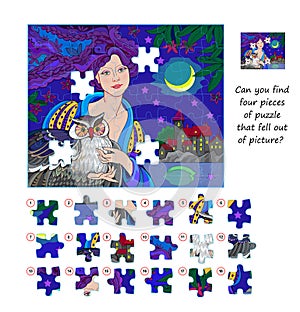 Can you find four pieces of puzzle that fell out of picture? Logic game for children and adults. Page for kids brain teaser book.
