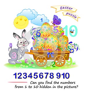 Can you find the numbers from 1 to 10 hidden in the picture? Logic puzzle game. Math education for young children. Developing