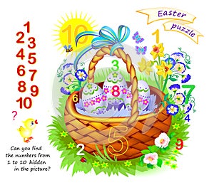 Can you find the numbers from 1 to 10 hidden in the picture? Logic puzzle game. Math education for young children. Developing