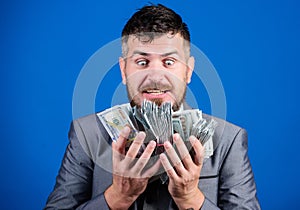 Can you imagine that. winning a lottery. businessman after great deal. Finance and commerce. happy bearded man has a lot