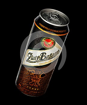 Can of Zlaty Bazant beer over black background