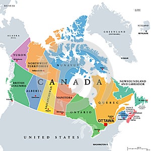 Canada, administrative divisions, provinces and territories, colored map