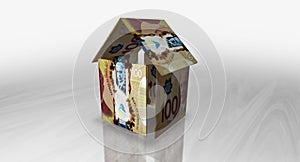 Canada Canadian dollar 100 CAD money banknotes paper house on the table 3d illustration