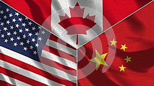 Canada and China and USA Realistic Three Flags Together