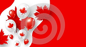 Canada day banner design of balloons and maple leaves on red background with copy space Vector illustration