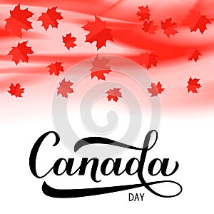 Canada day Calligraphy hand lettering with red maple leaves. Vector template for Canadian holiday banner, typography poster, party