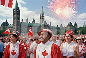 Canada Day Celebration Extravaganza: Vibrant and Festive Scene with Iconic Elements and Joyful Festivities