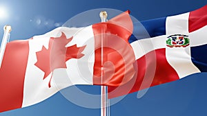 canada and dominican republic flags waving in the wind against a blue sky. canadian, dominican national symbols 3d rendering