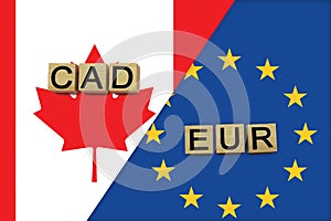 Canada and Europe currencies codes on national flags background