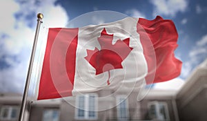 Canada Flag 3D Rendering on Blue Sky Building Background