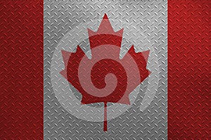 Canada flag depicted in paint colors on old brushed metal plate or wall closeup. Textured banner on rough background