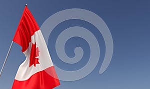 Canada flag on flagpole on blue background. Place for text. The flag is unfurling in wind. Canadian, Ottawa. Maple leaf. 3D