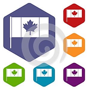 Canada flag with flagpole icons set hexagon