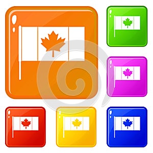 Canada flag with flagpole icons set vector color