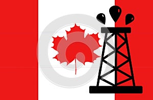 Canada flag and oil derrick symbol, silhouette of oil drilling pump on background of Canada flag. Canada has one of the largest