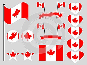 Canada flag set. Collection of symbols, flag in heart. Button and star. Vector