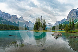 Canada forest landscape of Spirit Island with big mountain in the background, Alberta, Canada