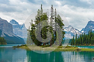 Canada forest landscape of Spirit Island with big mountain in the background, Alberta, Canada