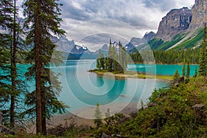 Canada forest landscape of Spirit Island with big mountain in the background, Alberta, Canada