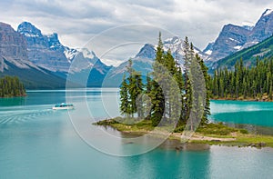 Canada forest landscape of Spirit Island with big mountain in the background, Alberta, Canada