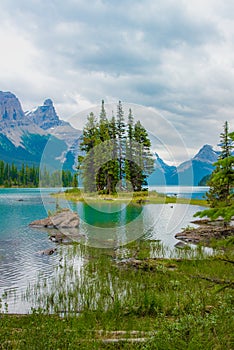 Canada forest landscape of Spirit Island with big mountain in the background, Alberta, Canada