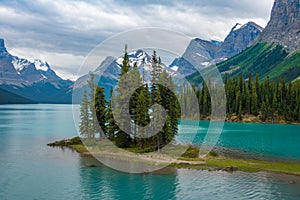 Canada forest landscape of Spirit Island with big mountain in the background, Alberta, Canada