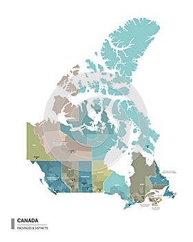 Canada higt detailed map with subdivisions. Administrative map of Canada with districts and cities name, colored by states and