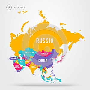 Vector illustration colorful map focus on asian countries. Asia states with name labels.