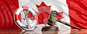 Lifebuoy, ship anchor and justice gavel on Canadian flag background, banner. 3d illustration