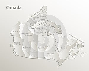 Canada map administrative division, separates regions and names individual region, card paper 3D natural