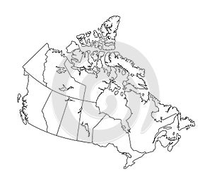 Canada Map, black and white detailed outline with regions of the country.