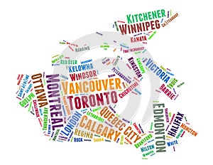 Canada map and list of cities word cloud concept