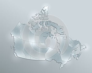 Canada map, separates regions, design glass card 3D raster