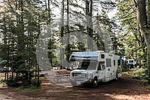 Canada Algonquin National Park 30.09.2017 Parked RV camper Lake two rivers Campground Beautiful natural forest landscape