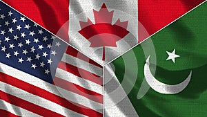Canada and Pakistan and USA Realistic Three Flags Together photo