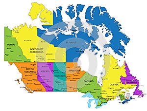 Colorful Canada political map with clearly labeled, separated layers.