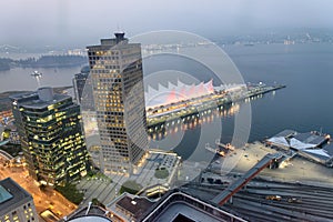 Canada Place aerial view at night in Vancouver