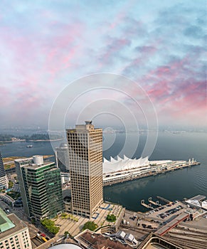 Canada Place, Vancouver. Aerial view at sunset