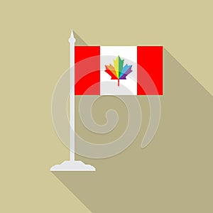 Canada pride LGBT flag with flagpole flat icon with long shadow. Vector illustration EPS10 of a rainbow pride.